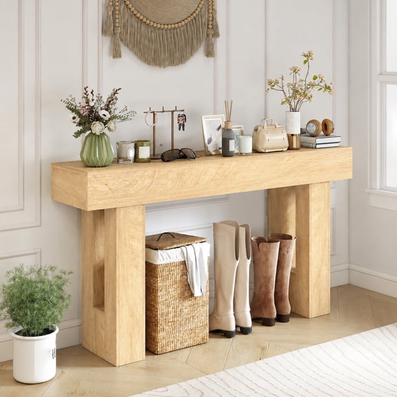 HOMCOM 63 Inch Console Table, Narrow Sofa Table Behind the Couch, Farmhouse Entryway Table for Living Room, Hallway, Entrance, Oak