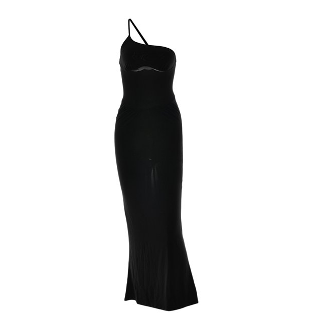VISgogo Vestido de mujer sin mangas de color sólido, un hombro Correa de espagueti Sin espalda Ruched Skinny Fit Long Club Party One-Piece VISgogo moda