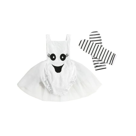 

WERNZATT Infant Baby Girl Halloween Outfits Ghost Lace Backless Sleeveless Romper Tutu Dress Striped Leg Warmer Stockings