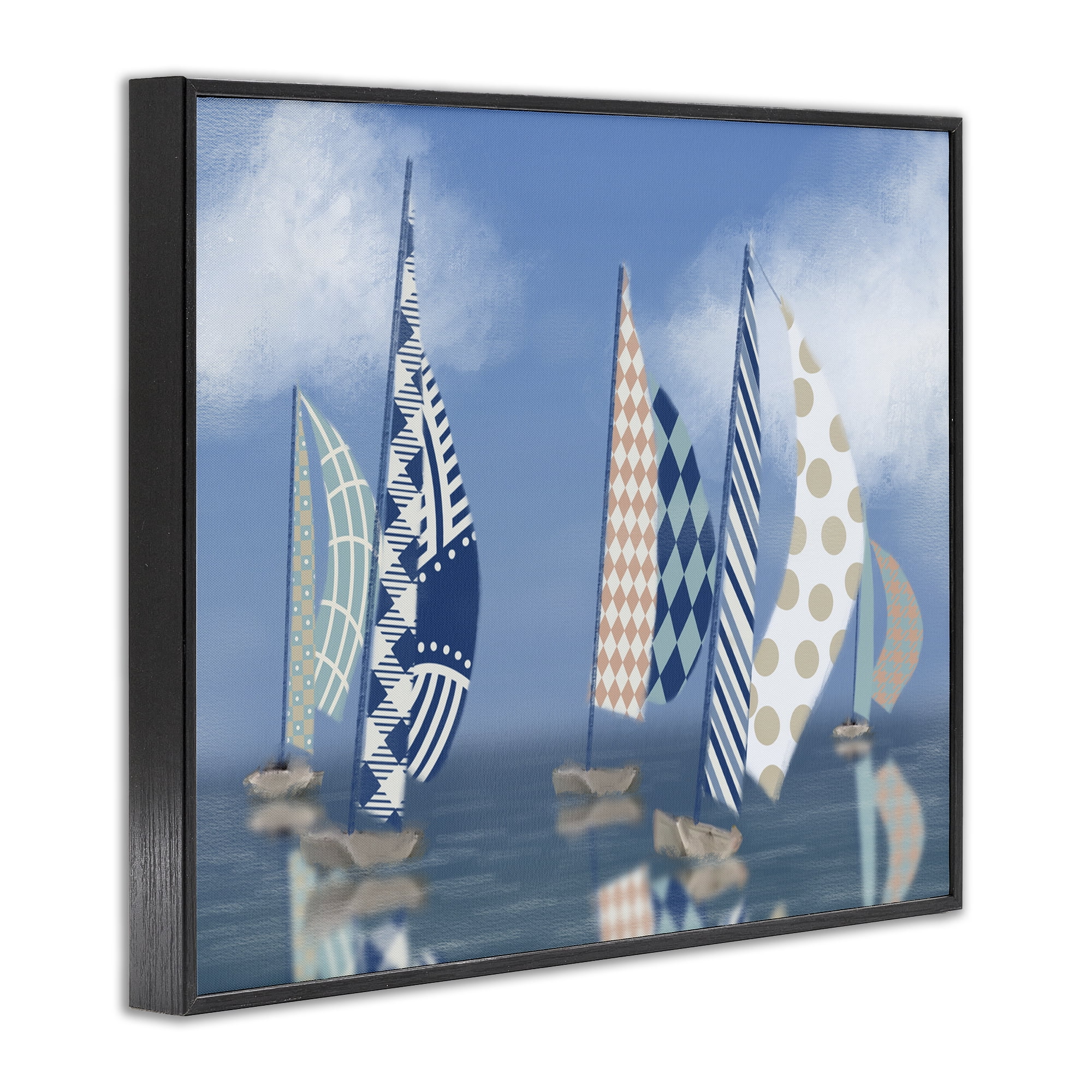 Stupell Industries Patchwork Coastal Sailboats Transportation Painting Black Framed Art Print Wall Art, 20 x 16