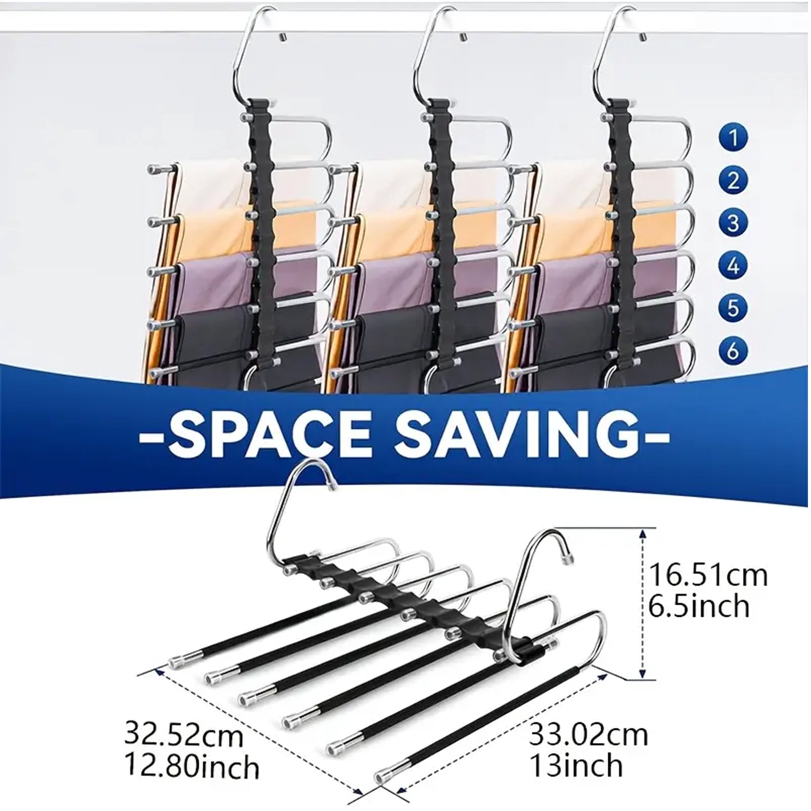 6-Layer Stainless Steel Metal Pants Hangers | Space-Saving Hanger Rack for Men & Women | Folding Clothes Hangers | Multi-Purpose Organizer for Pants, Scarves, Jeans