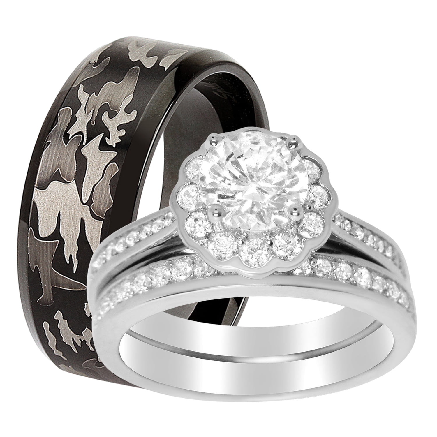 Kruiden Zeker Deuk Matching Wedding Rings for Him and Her Halo Bridal Set for Women Size 7 and  Black Wedding Band for Men Size 10 - Walmart.com