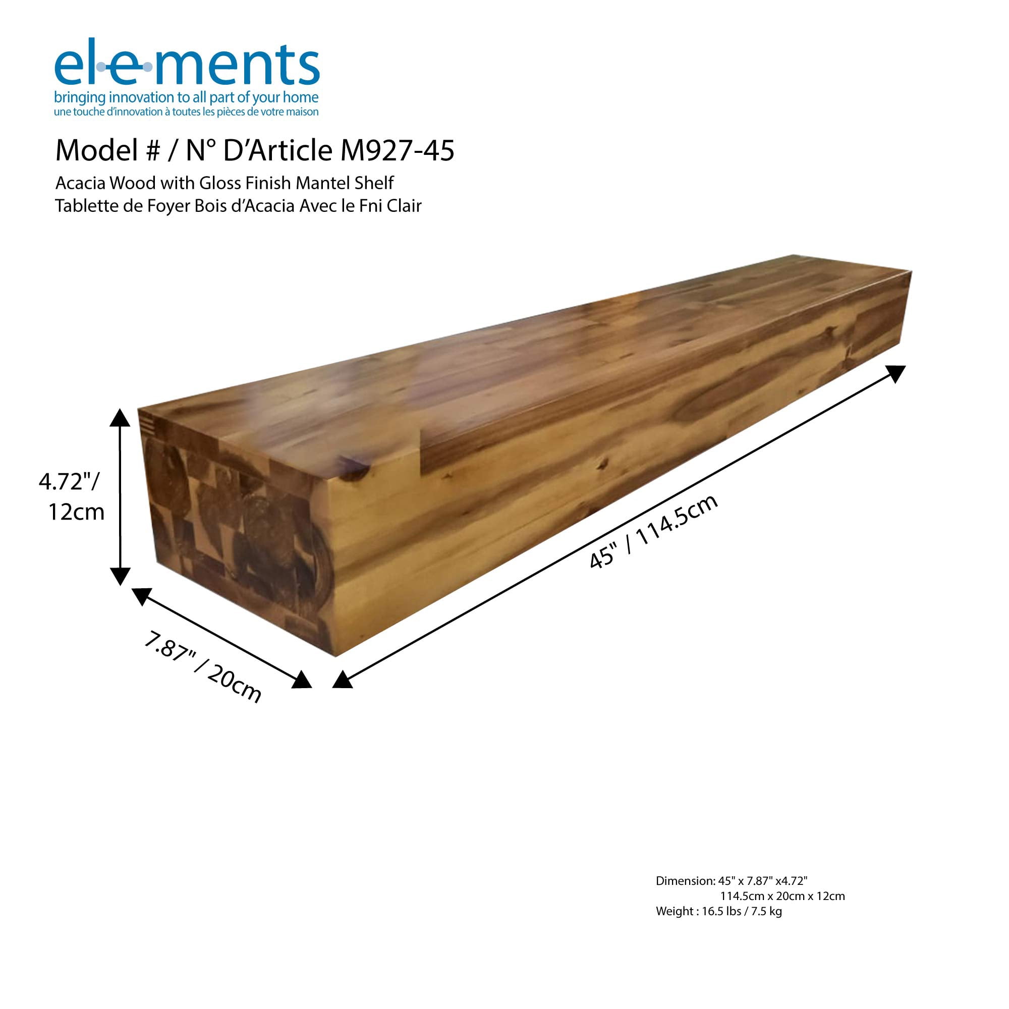 Elements Acacia Wood Mantel Gloss Finish, 45IN