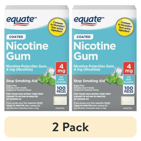 (2 pack) Equate Nicotine Gum 4 mg, Stop Smoking Aid, Ice Mint Flavor, Coated, 100 Count