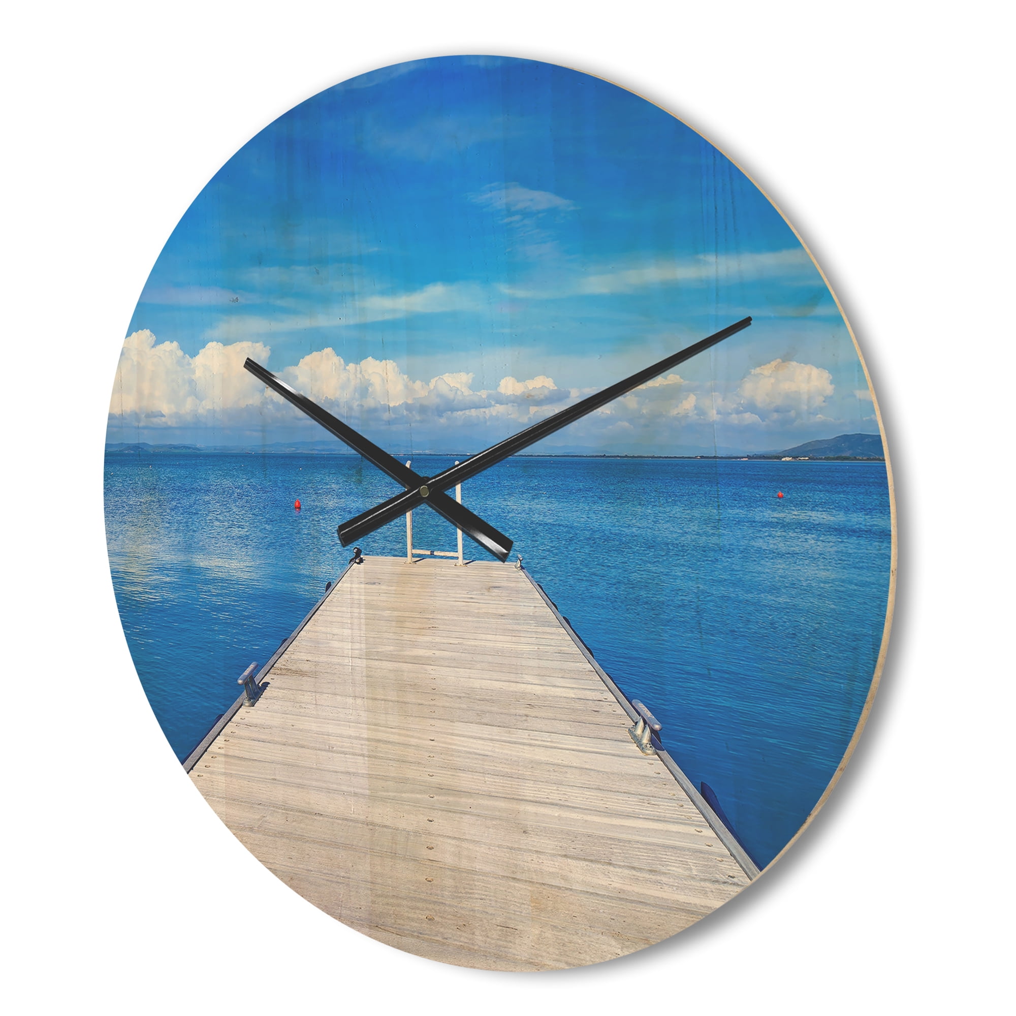 Designart 'Large Wooden Pier Over Blue Lake' Modern Wood Wall Clock