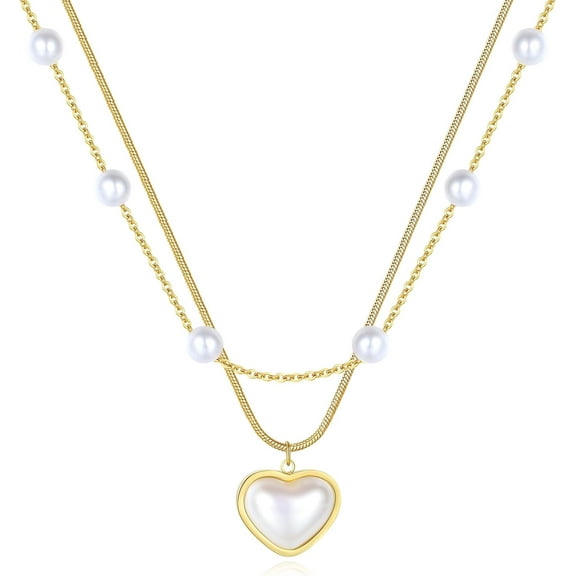 Gold Layered Pendant Necklace for Women Non Tarnish 14k Real Gold Plated Hypoallergenic Stainless Steel Chain Pearl Necklace