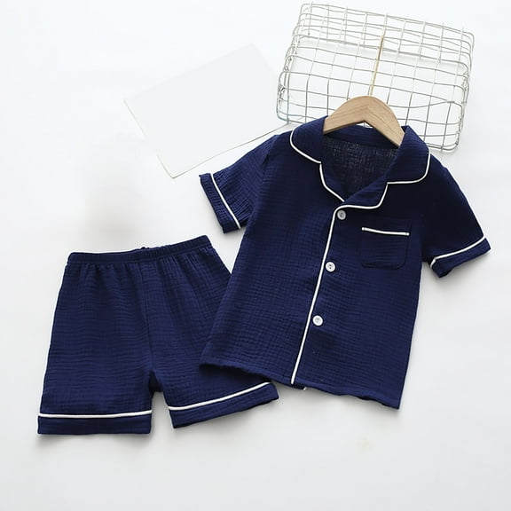 HAOTAGS 2Pcs Boys Girls, Solid Full Button Casual Tops Pants Set Short Sleeve Navy 2 T