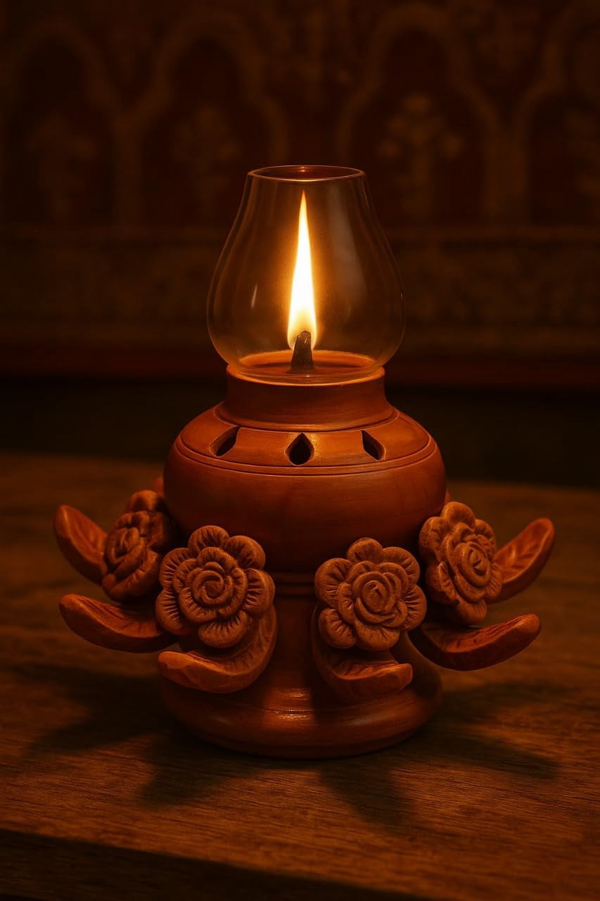 PrakRtyA: Handcrafted Clay Oil Lamp with Glass Chimney | Decorative Carved Floral Design Diya for Home Décor, Pooja & Gifting