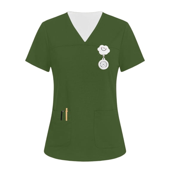 ASDFVBKG Women Scrubs Top Short Sleeve V-Neck Working Top with Pocket Solid Color Plus Size Casual Workwear Scrub Tops Army Green M