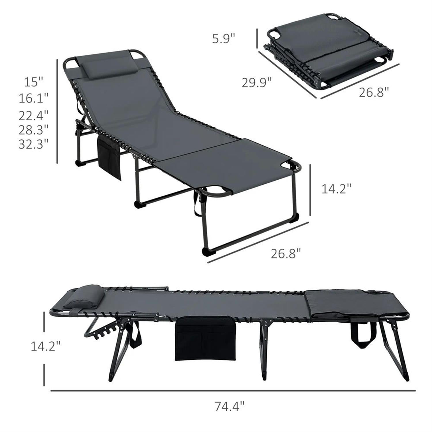 Demi Bonn 2 Piece Outdoor Folding Lounger Chaise with Reclining, Heavy Duty Frame, Portable Relaxation for Beach, Yard, Patio, Gray