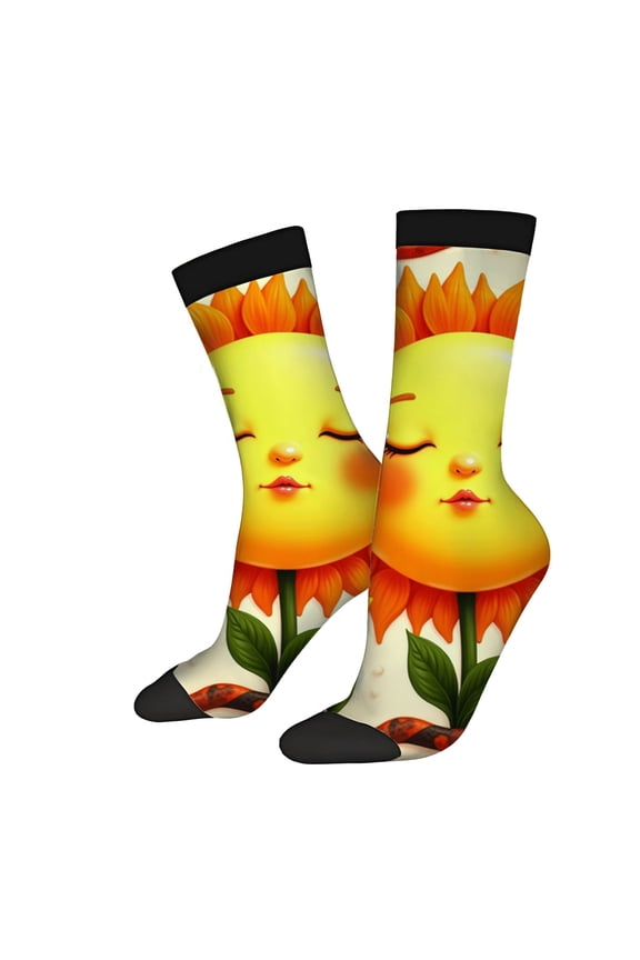 Whimsical Sun Face Socks - 2 Pairs of Vibrant Mixed Color Unisex Trendy Socks with Cheerful Floral Design and Black Accents