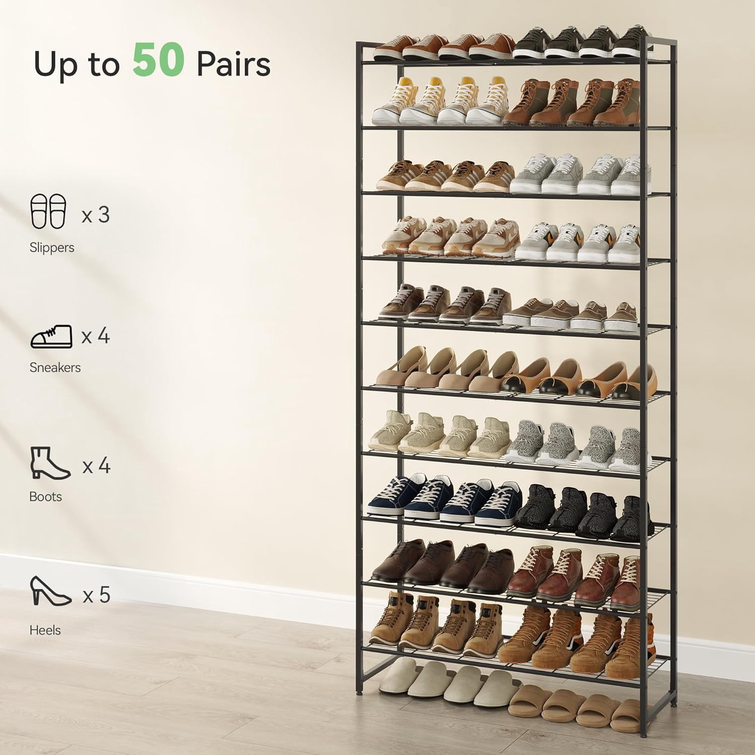 Shoe Rack for Closet, Metal Shoe Organizer, 8 Tier Garage Shoe Rack Max Holds 40 Pairs,Shoe Storage Shelf,Entryway