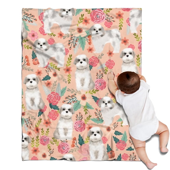 Shih Tzu Dog and Pioneer Flower Blanket,Comfortable Soft Lamb Wool Throw Blanket,All Season,Warm Lightweight Blankets for Sofa Bed Couch Living Room Chair,30"x40"
