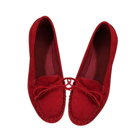 hopeusnice Clearance Women s Suede Loafers Bowknot Flats Slip On Driving Moccasins Comfortable Soft Sole Shoes Flats Walking Shoes Red 36
