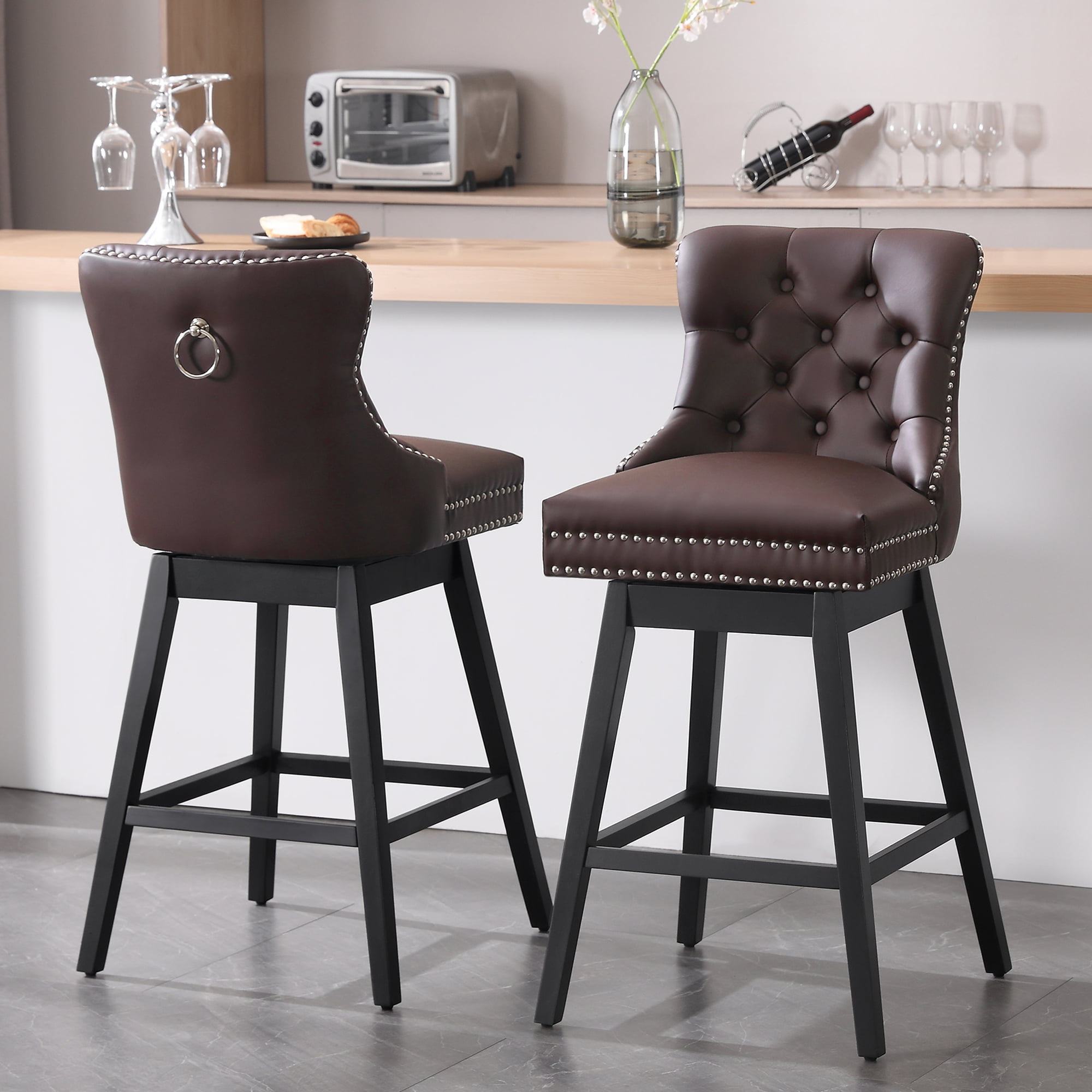 Tewloss 30" Swivel Bar Stools Set of 2 With Back Leather Bar Height Chairs for Home Kitchen, Brown