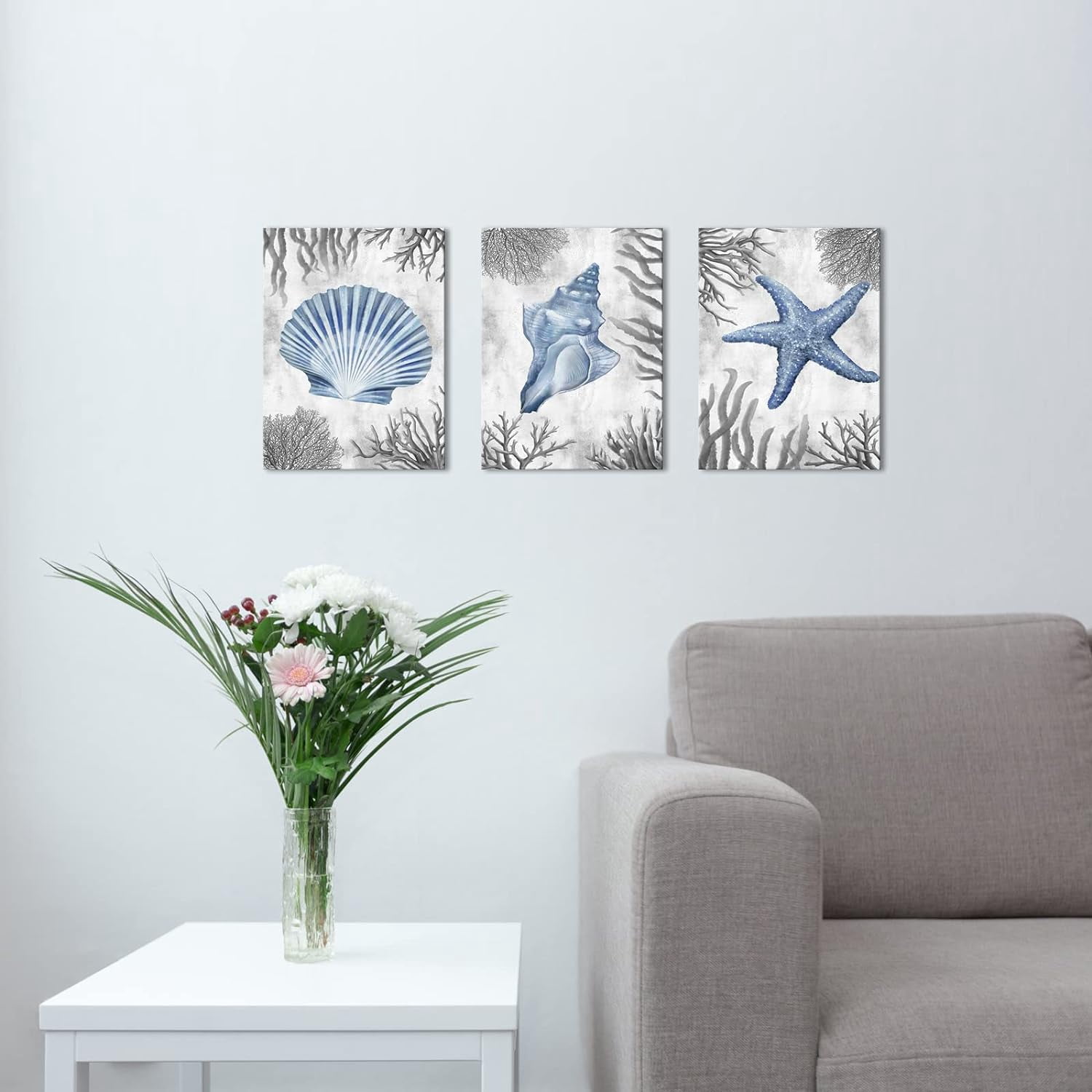 Kalormore Sea Coastal Style Canvas Wall Art Blue and Grey Starfish Shell Conch Coral Picture Prints Gallery Canvas Wrapped on Premium Wood Frame Ready to Hang for Living Room Bedroom Bathroom