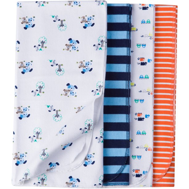Gerber Newborn Baby Boy Assorted Flannel Receiving Blanket, 4Pack