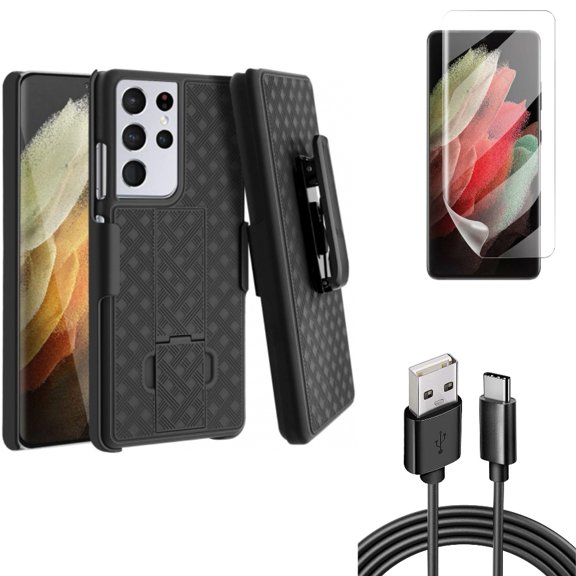 6ft USB Cable & Case Belt Clip & Matte Screen Protector for Samsung Galaxy S21 Ultra Phone - Type-C Charger Cord & Holster Swivel & TPU Film Anti-Glare Accessory Bundle