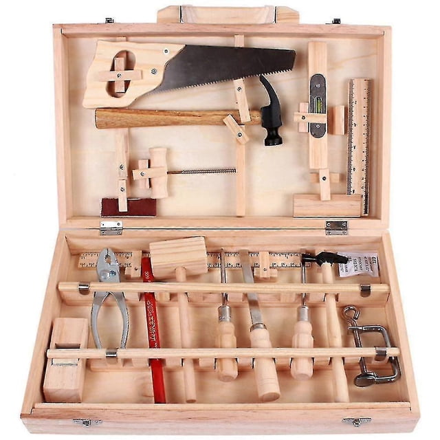 Caja de reparación de carpintería, caja de herramientas de madera, juguete de simulación para niños