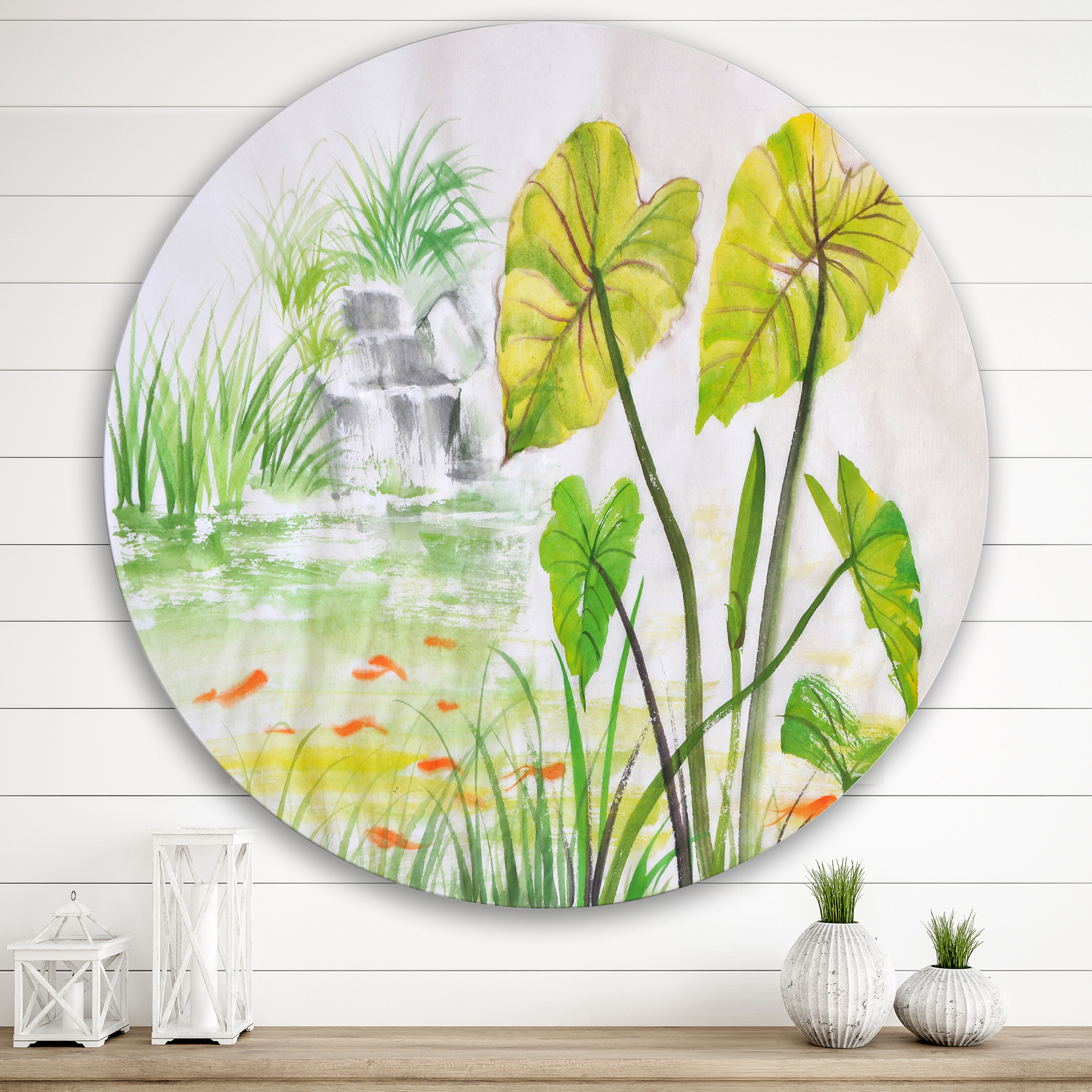 Designart 'Ancient Lotus Pond' Lake House Circle Metal Wall Art 29x29 - Disc of 29