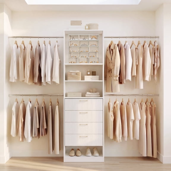 1.97-11.17 ft Modern Closet System, Wardrobe Organizer with 4 Drawers & Adjustable Hanging Rods