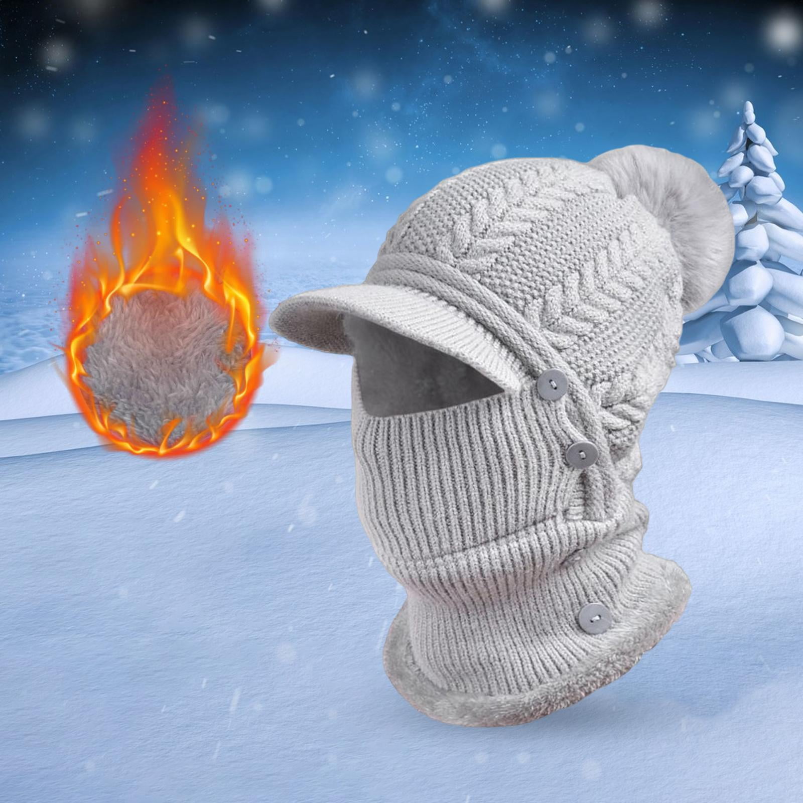 DimyFew Elastic Knitted Beanie Hat Neck Gaiter Breathable Button Warmer Winter Ski Mask Gray