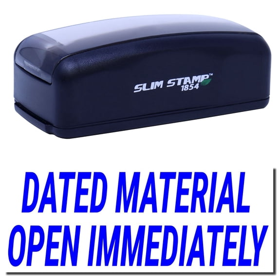 Large Pre-Inked Dated Material Open Immediately Stamp, Slim 1854, Ultra Slim Design, Impression Size 1-13/16" by 2-1/2", Up to 25,000 Impressions - Blue Ink