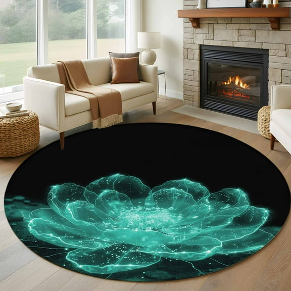 Teal Black Floral Round Area Rug 5 FT, Non Slip Bedroom Area Rug, Modern Minimalist Ombre Botanical Washable Soft Circular Carpet Non-Shedding Floor Mat for Kitchen Dining Room Foyer Balcony Dorm