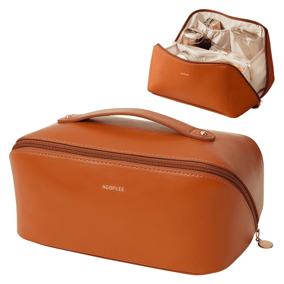 AGOPLEE Travel Makeup Bag, Cosmetic Organizer Bag, Skincare Organizers, Dresser organiser with Compartments and Handle, PU Leather, Travel Essentials Gift for Girl