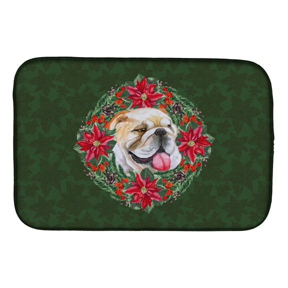 English Bulldog Poinsetta Wreath Dish Drying Mat