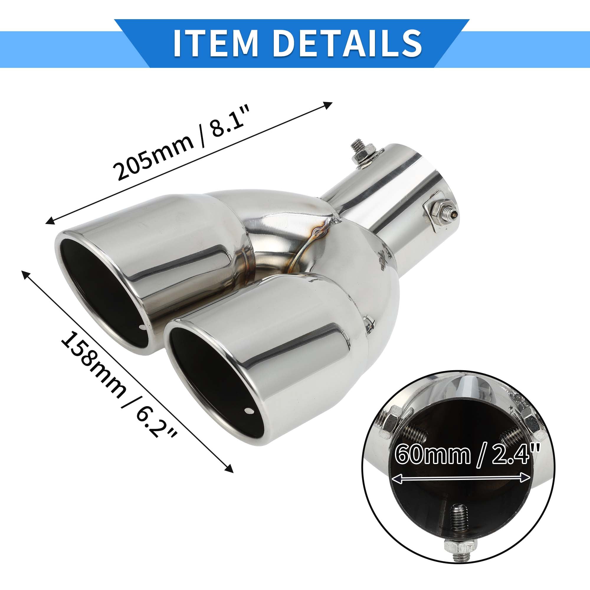 Unique Bargains 1 Pc Curved Slant Cut Dual Exhaust Tip 2.4" Inlet Stainless Steel Silver Tone