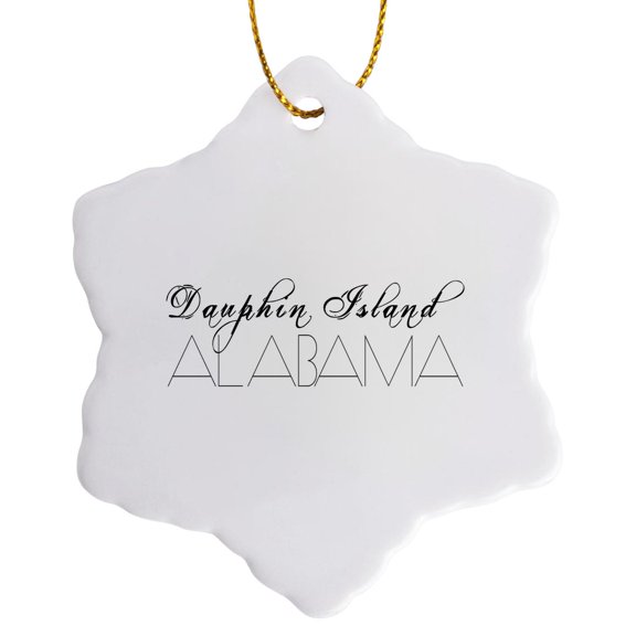 3drose, American Beaches. Decorative Text Dauphin Island, Alabama, 3 inch Snowflake Porcelain Ornament