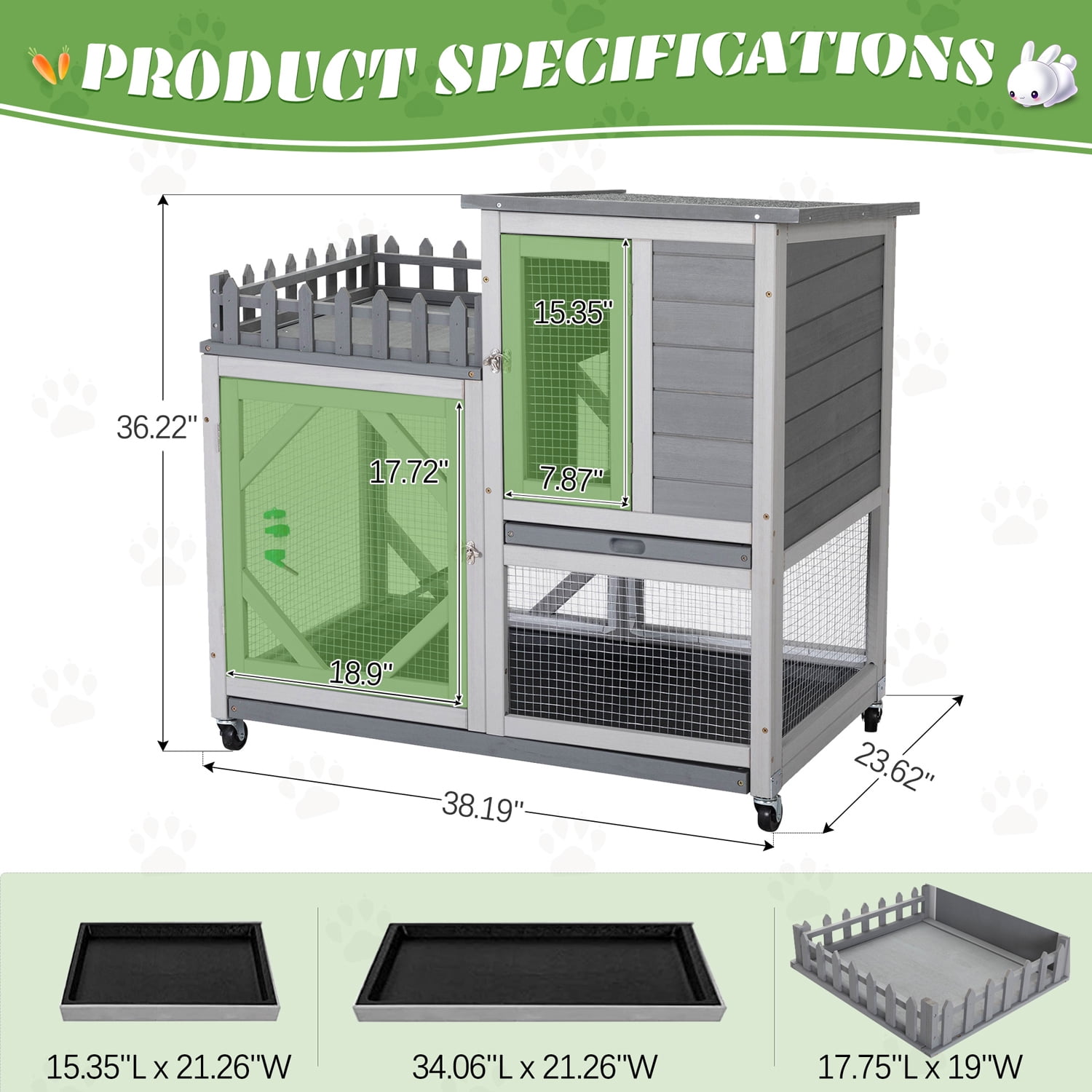 Senbabe Two Floors 38" Wooden Indoor Large Rabbit Hutch Rabbit Cage Indoor Bunny Hutch with Run Outdoor Rabbit House with Two Deeper No Leak Trays - 4 Casters Include