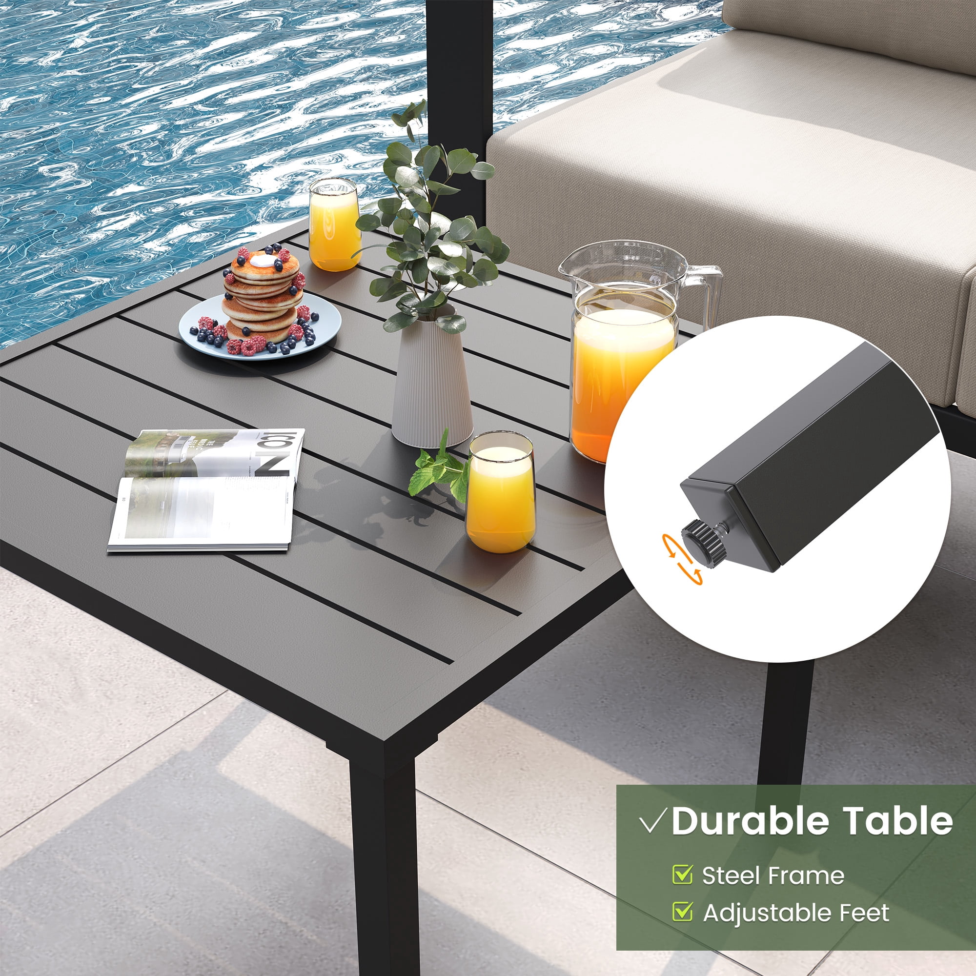 ELPOSUN 6 Pieces Patio Furniture Sets with 6" Thick Olefin Cushions, Metal Outdoor Sectional Furniture L Shape Patio Conversation Sets for Garden, Backyard, Black Frame, Beige