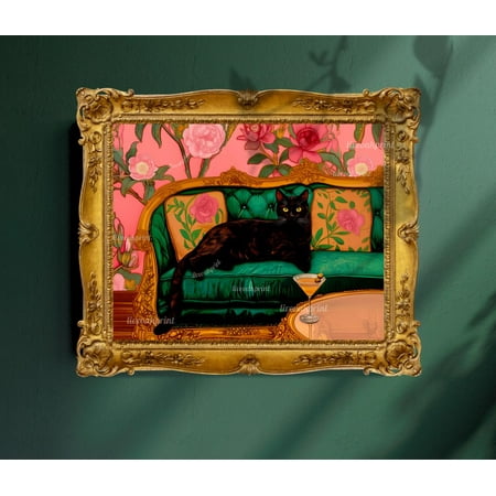 Black Cat With Martini Art Print - Maximalist Home Decor - Whimsical Cocktail Bar Cart Decor - Quirky Wall Art - Emerald Green And Pink Wall Art Modern Wall Decor 16x24 UNFRAMED