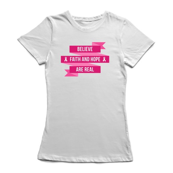 Believe Faith And Hope Are Real Pink Fight Women White T-Shirt, Female Large