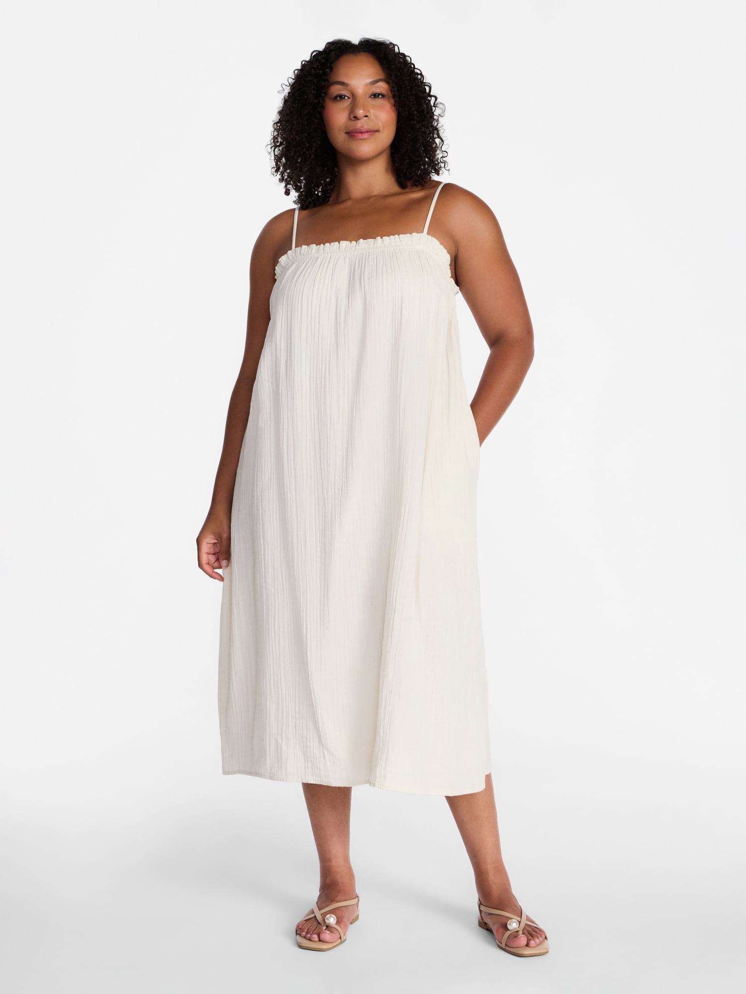 Time and Tru Women's Sleeveless Double Cloth Cotton Midi Dress, Sizes XS-XXXL