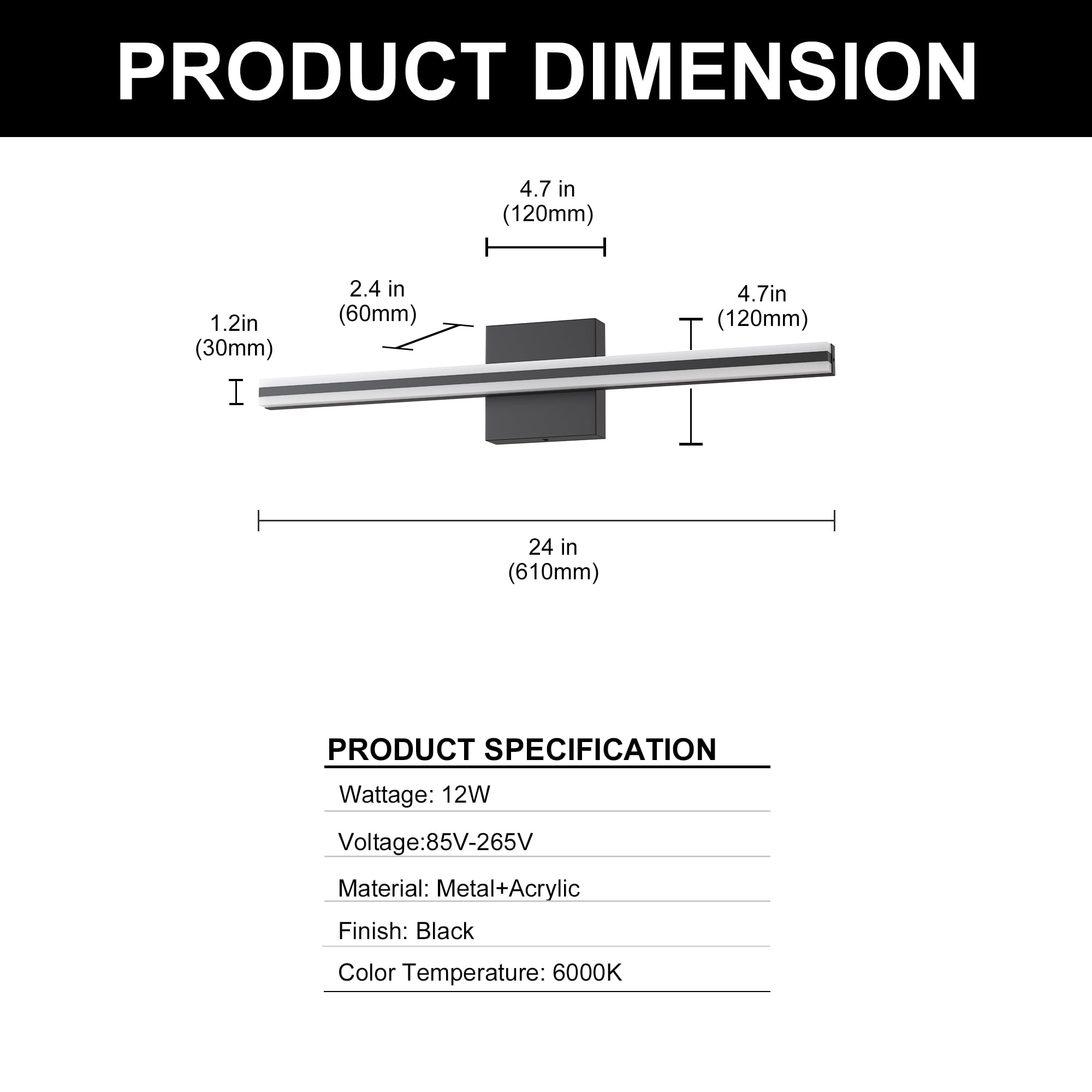 YANSUN 24 in Black Ultra-Thin LED Light Bar, 6000K Daylight for Vanity Table, Bathroom