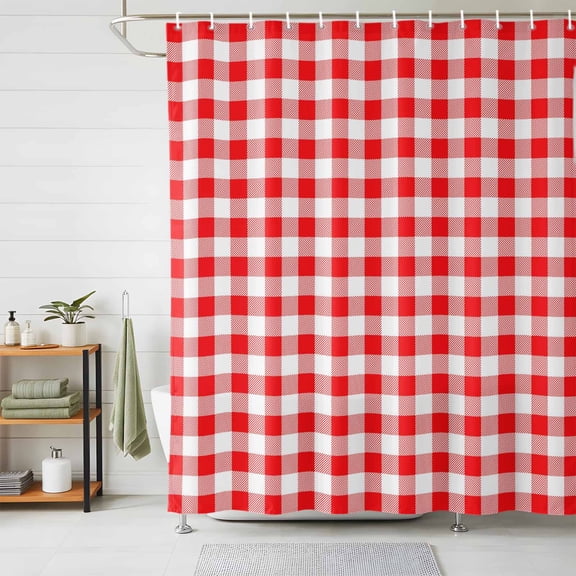 Shower Curtains for Bathroom, Red White Plaid Waterproof Fabric Shower Curtain, Modern Farmhouse Buffalo Check Gingham Decorative Bathroom Curtain for Bathtub, 72"x78", No Hooks Included