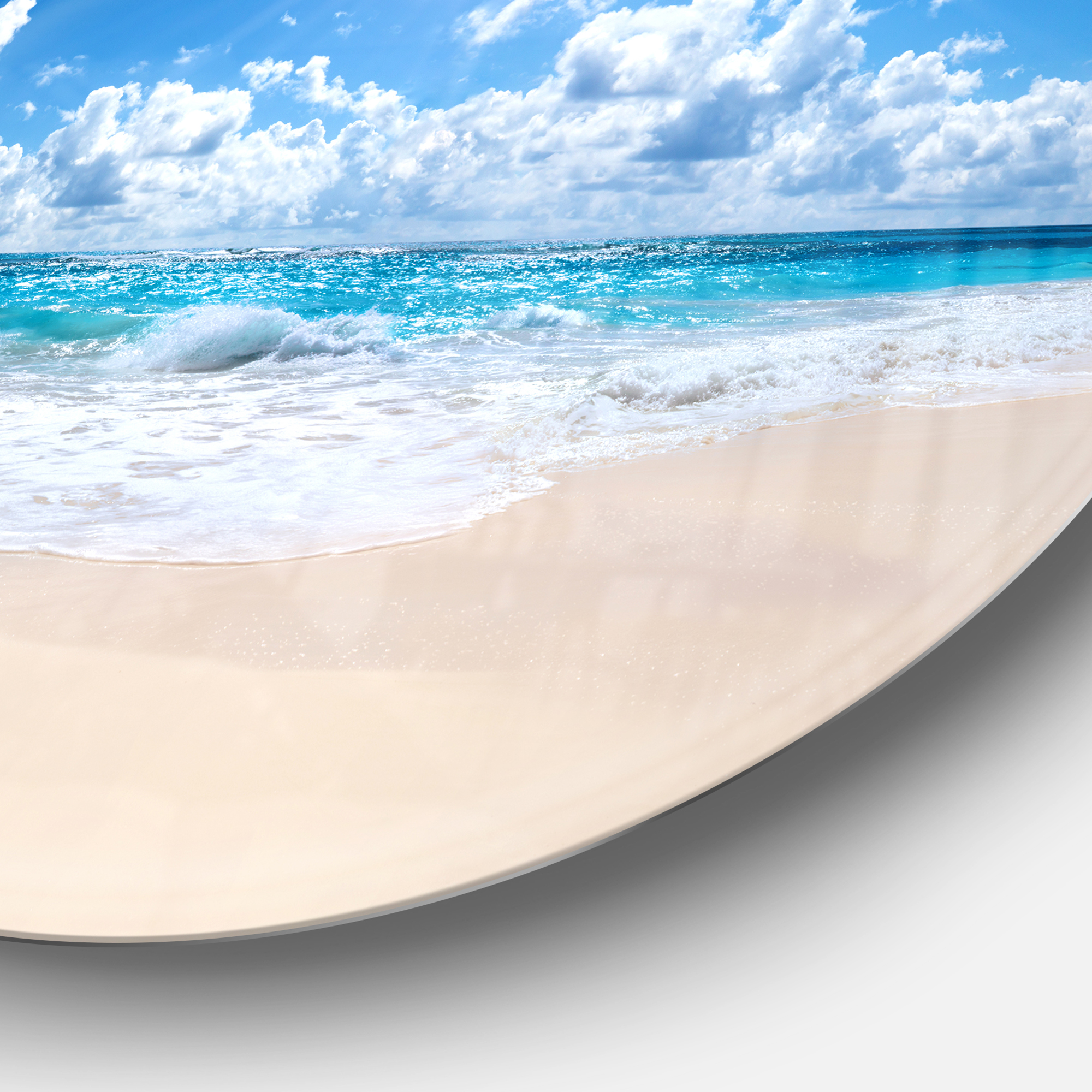Designart 'Beautiful Tropical Beach Panorama' Disc Seashore Metal Circle Wall Art