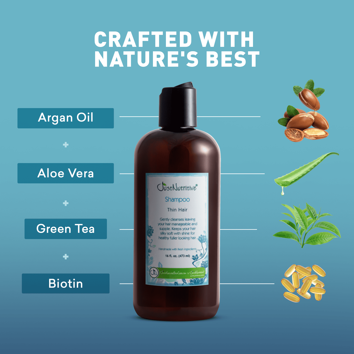 Just Nutritive Thin Hair Shampoo, Cleanses Scalp, Adds Moisture to Thinning Hair, Daily Use, 16oz.