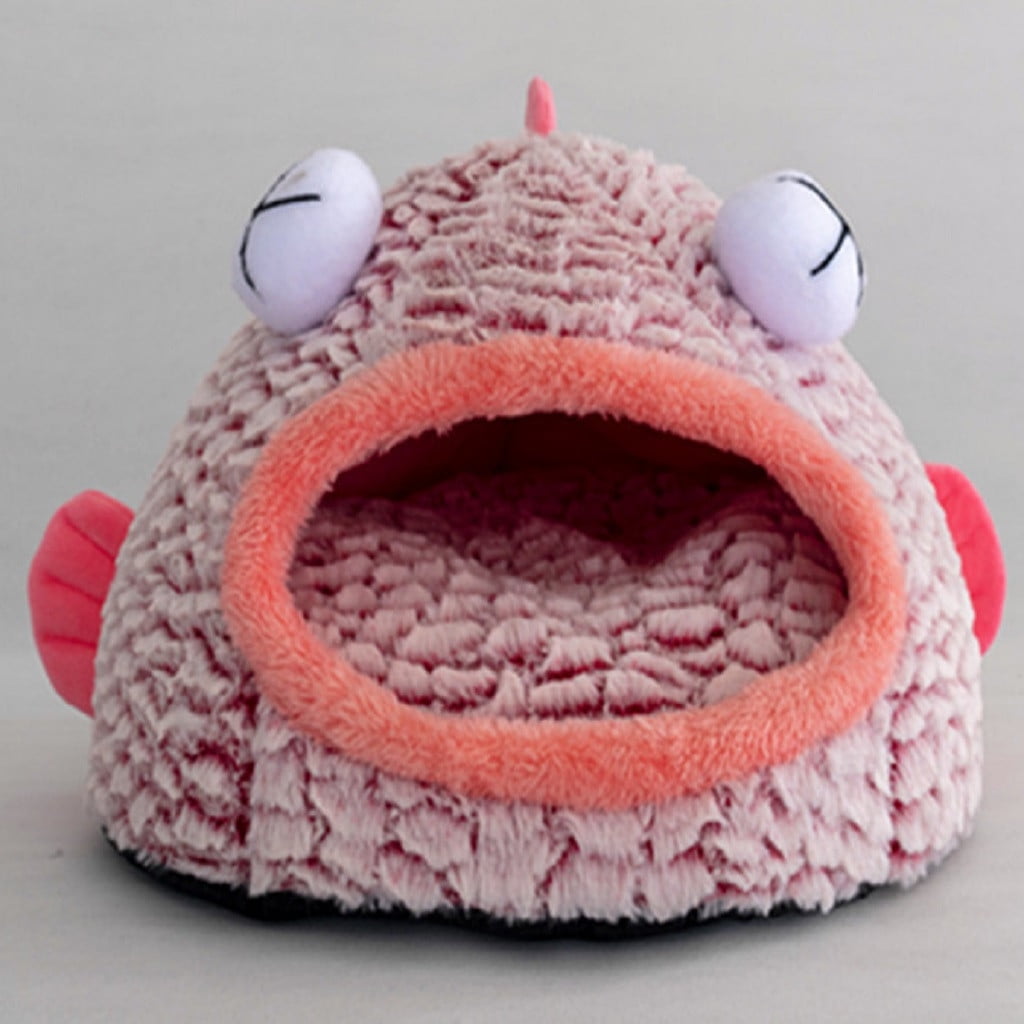PureCasa Funny Fish Shape Semi-Enclosed Dog Cat Bed for Fall Winter, Comfortable Warm Plush Fluffy Pet Pad House Kennel, Sleeping Cushion Pads for Small Cats Dogs, Round, 1 Pack, S 14"x16", Pink
