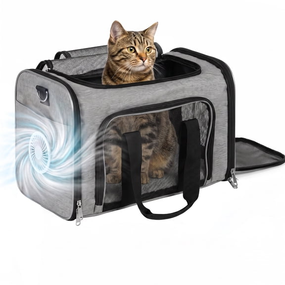 Cat Carrier Soft‑Sided Pet Travel Carrier with Cooling Fan,Airline Approved Collapsible Bag for Cats & Small Dogs Up to 16 Lbs,Shoulder Strap & Removable Mat,Grey