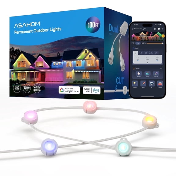 ASAHOM 100FT AI Permanent Outdoor Lights with 72  RGBCW LEDs and Dual Output, 30,000 Lighting Effects, IP67 Waterproof for Outdoor Decor and Daily Lighting, White