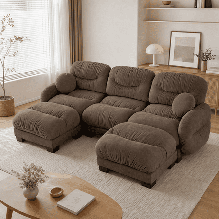 Brown 3-Seat Modular Chenille Sofa U-Shaped Sectional Couch with 2 Ottomans Pleated Backrest Ergonomic Foam Seats Curved Round Arms and 2 Throw Pillows