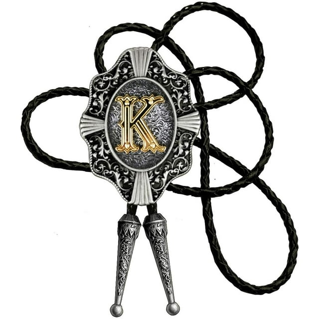 GHSDFBB Golden Initial A to Z in Flower Nursery Cowboy Bolo Tie with Cowhide Rope