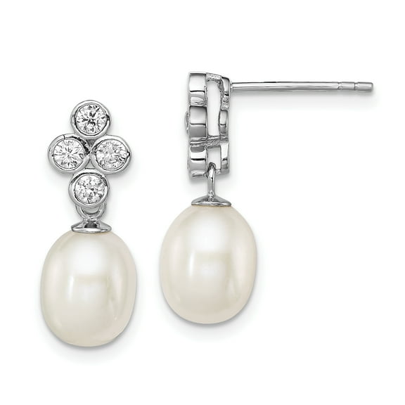 Primal Silver Sterling Silver Rhodium-plated Clear Cubic Zirconia and 7-8mm White Freshwater Cultured Pearl Dangle Post Earrings