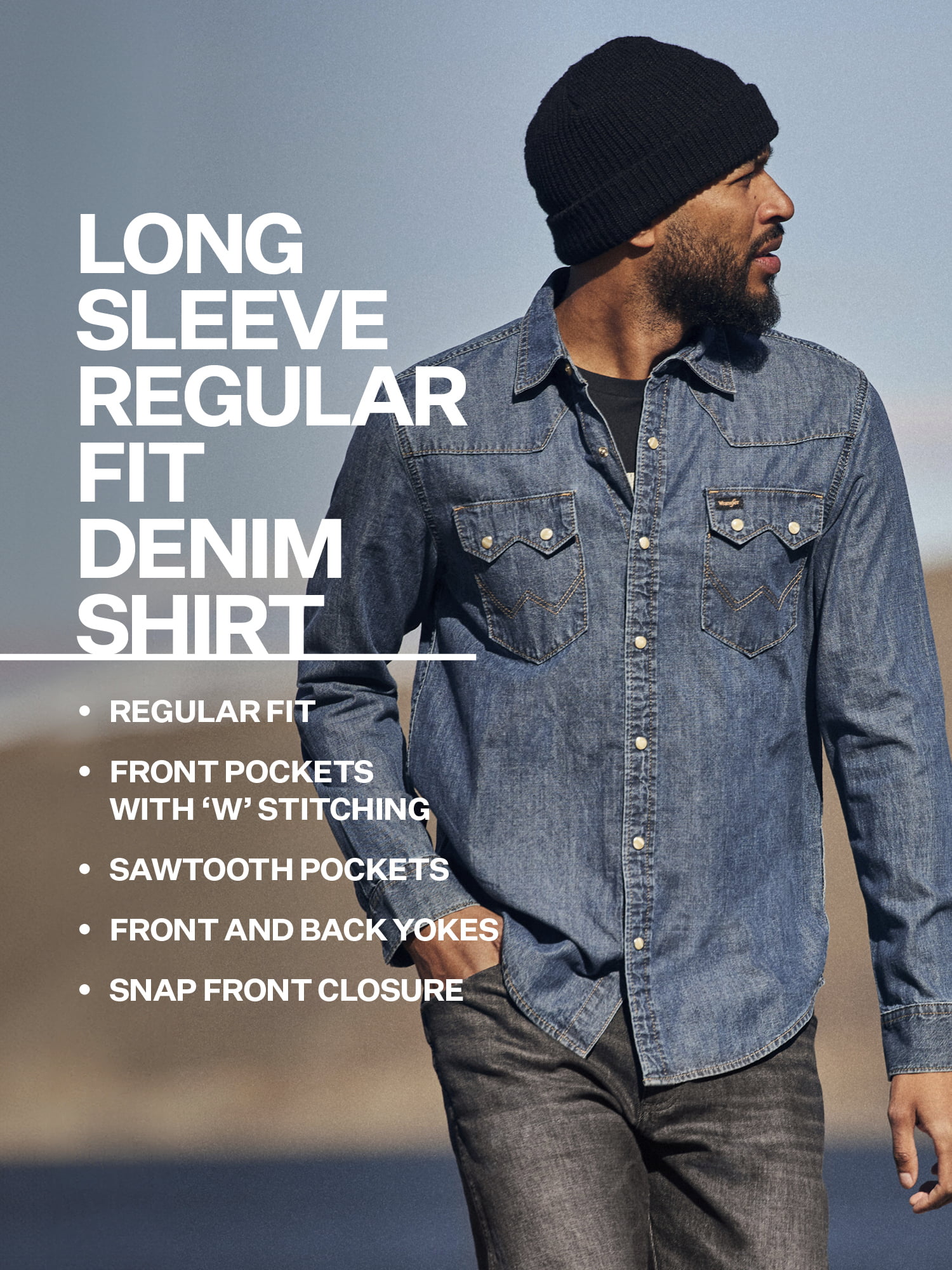 Wrangler Men's Denim Shirt Western Snap Front Black S M L XL XXL Regular  Fit New