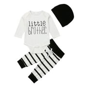 Nokpsedcb 3PCS Newborn Baby Boys Long Sleeve Romper Striped Printed Pants and Beanie Hat Fall Outfits Black 3-6 Months