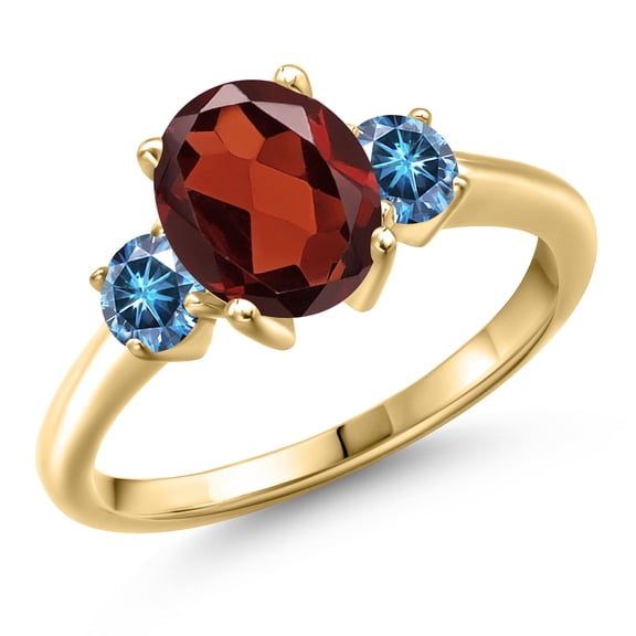 Gem Stone King 10K Yellow Gold Red Garnet and Persian Blue Moissanite Engagement Ring for Women | 2.59 Cttw | Oval 9X7MM | Gemstone January Birthstone | Size 5